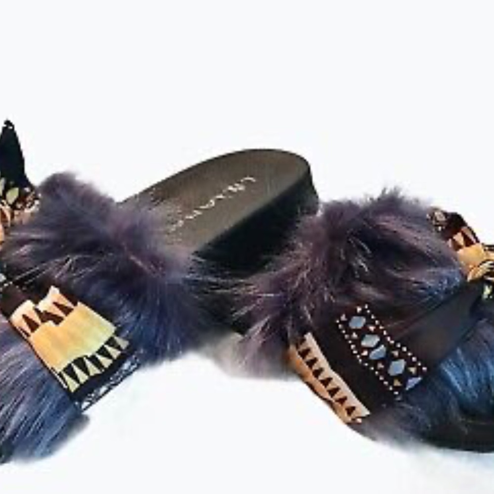 Liliana Womens Faux Fur Slides Slippers Size 6.5 Blue Slip On Casual Sandals - Picture 5 of 9
